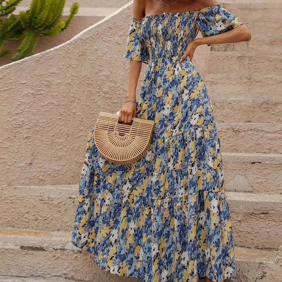 Blue Boho Womens Allover Floral Print Shirred Off Shoulder Ruffle Hem Dress - Picture 3 of 5